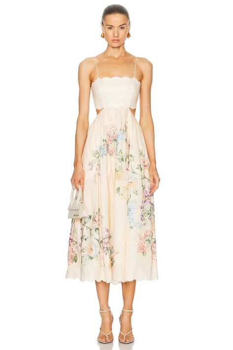 Zimmermann Scallop Midi Dress in Cream Watercolour Floral | FWRD Scallop Top, Zimmermann Dress, Tie Design, Street Chic, Dress Floral, Wedding Attire, Corset Dress, Fancy Dresses, Elegant Dress