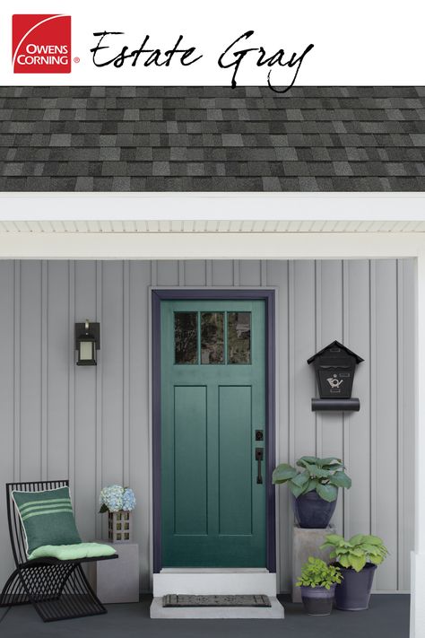 With a roof color like Estate Gray, the exterior of your home will see timeless curb appeal. Try pairing it with darker, complimenting colors like deep blue for a look that never goes out of style. Estate Gray is a part of Owens Corning TruDefinition® Duration® series shingles #curbappeal #roofshinglecolor #roofingcolorideas #shinglecolor #designinspo Roof Shingle, Roof Shingle Colors, Shingle Roof, Shingle Colors, Siding Colors, Grey Houses, Roof Colors, Roof Styles, Porch Design