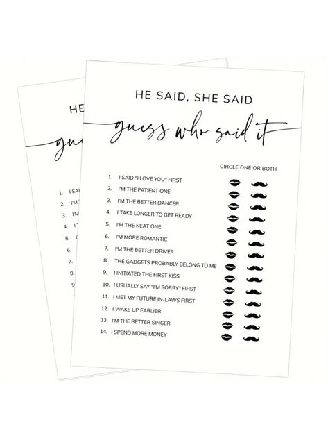 Bridal Shower Party Favor, He Said She Said Game, Wedding Party Games, Engagement Games, Engagement Party Games, Bridal Party Games, Game Wedding, Bridal Shower Party Favors, He Said She Said