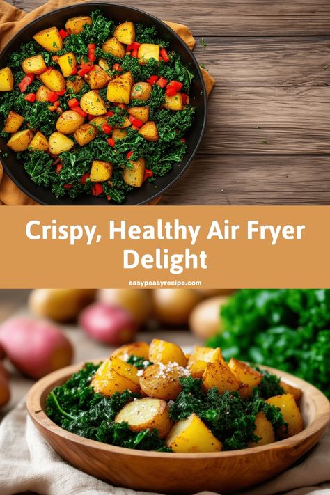 A delicious serving of air fryer kale and potato hash garnished with red bell peppers. Kale Air Fryer Recipes, Air Fryer Kale, Easy Airfryer, Kale Potato, Potato Hash Recipe, Comforting Meals, Fruit And Yogurt Parfait, Meal Rotation, Easy Zucchini Recipes