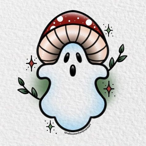 Spooky Mushroom Drawing, Halloween Mushroom Art, Ghost Mushroom, Spooky Mushroom, Mushroom Ghost Tattoo, Halloween Mushrooms, Halloween Mushroom, Mushroom Ghost, Bedroom Art Painting