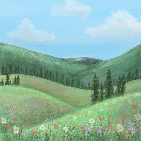 Cartoon Garden Aesthetic, Forest And Mountains Drawing, Meadow Drawing Simple, Flower Garden Drawing Easy, Forest Flowers Drawing, Cute Mountain Drawing, Flower Meadow Drawing, Mountain Background Drawing, Cottage Core Illustration