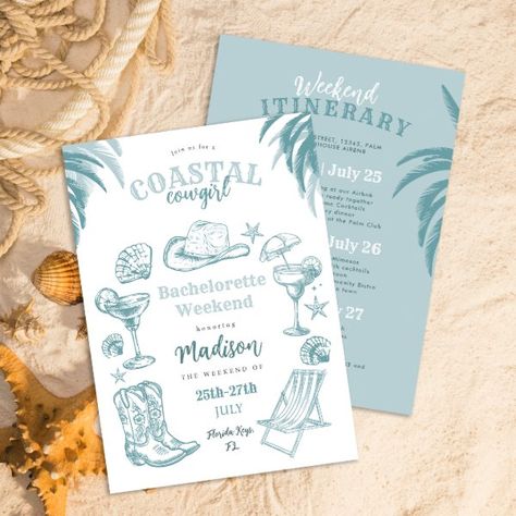 Blue Coastal Cowgirl Bachelorette Party Invitation Coastal Cowgirl Pool Party, Coastal Cowgirl Bridal Shower Ideas, Coastal Party Theme, Coastal Invitation, Bachelorette Party Themes Beach, Bachelorette Trip Themes, Coastal Cowgirl Party, Beach Bachelorette Party Themes, Beachy Bachelorette Party