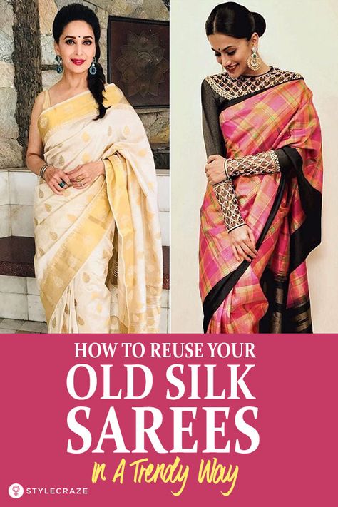 How To Reuse Your Old Silk Sarees In A Trendy Way! #fashion #saree Repurpose Old Sarees, Upcycle Old Sarees, Sari Dress Pattern, Silk Saree Styling, White Sweater Outfits, Sarees Ideas, Upcycling Crafts, Reuse Old Clothes, Off White Saree