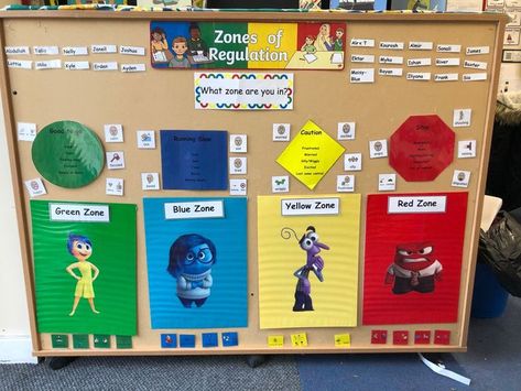 This resource was selected, as it would serve great purpose as intentional classroom decor. Students are able to relate their emotions back to the Zones, helping to develop their social-emotional skills. Photo taken from: https://www.pinterest.ca/pin/794674296754975488/ Interactive Zones Of Regulation Bulletin Board, Emotion Classroom Display, Self Regulation Display, Emotion Display Board Eyfs, Calming Down Corner Classroom, Zones Of Regulation Classroom Display, Self Regulation Eyfs Ideas, Zones Of Regulation Sensory Room, Zone Of Regulation Bulletin Board