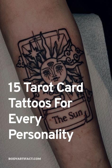 We've collected the best tarot card tattoos to help inspire your next piece of ink. Tarot Art Tattoo, The Lovers Tarot Card Tattoo Meaning, The Magician Tarot Tattoo Ideas, Tarro Cards Tattoo Ideas, Tarot Card Tattoo And Meaning, Feminine Tarot Card Tattoo, Tarot Card Tattoo Women, Realism Tarot Card Tattoo, Fortune Card Tattoo