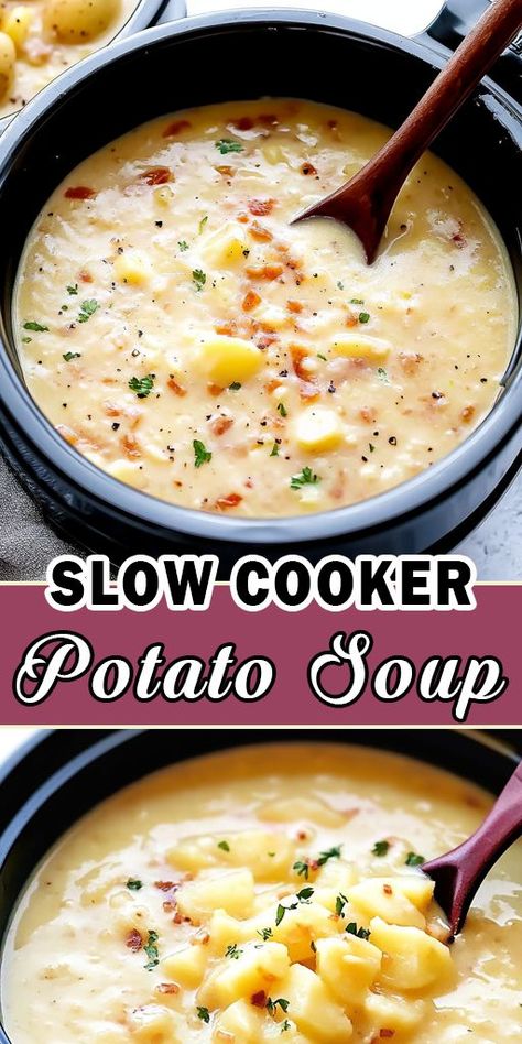 🥔 Cozy up with a bowl of Slow Cooker Potato Soup! Creamy, hearty, and made with simple ingredients. The perfect comfort food for any day. 🧀 #PotatoSoup #SlowCookerRecipes #ComfortFood Slow Cooker Potato, Soup Potato, Slow Cooker Potato Soup, Slow Cooker Potatoes, Crock Pot Potatoes, Potato Soup Crock Pot, Fall Soup Recipes, Crockpot Soup Recipes, Chicken Chili Recipe