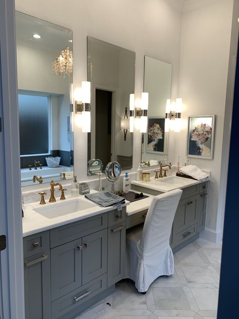 Bathroom Vanity With Bench, Bathroom With A Vanity, Bathroom Vanity With Sitting Area, Extra Long Bathroom Vanity Master Bath, Master Bath Double Sink With Makeup Vanity, Double Sink Master Bath Ideas, Makeup Vanity Bathroom Master Bath, Mirror For Double Sink Vanity, Bathroom Mirrors And Lights Double Sinks Master Bath Vanity