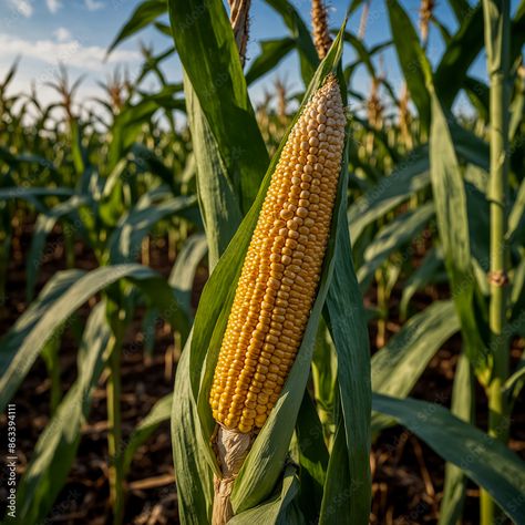 A fresh corn in a cornfield, with the leaves peeled. Close-up. #backgrounds #food #corn #maize #cereal #grain #granary #crop #banner #commercial #wheat Cereal Grain, Corn Maize, Fresh Corn, Maize, Millet, Wheat, Corn, Cereal, Close Up