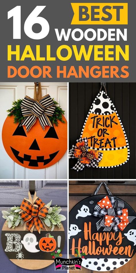 Best Wooden Halloween Door Hangers Diy Fall Door Hangers Simple, Happy Halloween Door Hanger, Door Signs Diy Halloween, Halloween Wooden Wreath, Hocus Pocus Wood Sign, Halloween Wood Signs Door Hangers, Halloween Front Door Signs, Halloween Sign Ideas Diy, Halloween Door Hanger Ideas