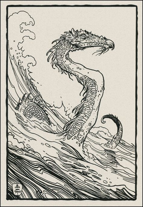 by William Stout Water Sketch Drawing, Dragon Ink Drawing, Sea Dragon Drawing, Sea Dragon Art, Water Dragon Tattoo, Water Dragon Illustration, Old Sea Monsters Drawings, Sea Monster Sketch, Historical Dragon Art