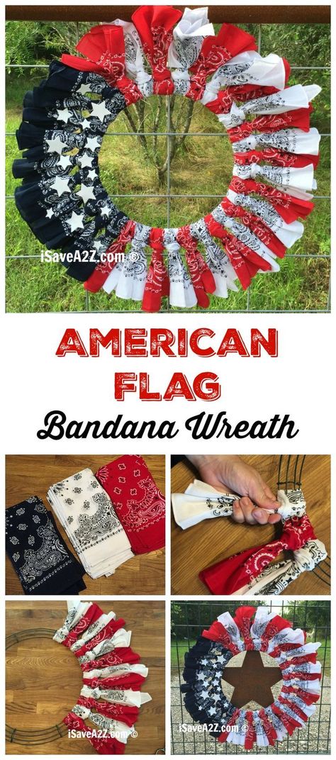 Red, White and Blue Bandana Flag Wreath Craft Idea Bandana Flag, Bandana Wreath, American Flag Bandana, American Flag Wreath, Flag Wreath, Diy Tumblr, Blue Bandana, Patriotic Crafts, Patriotic Party