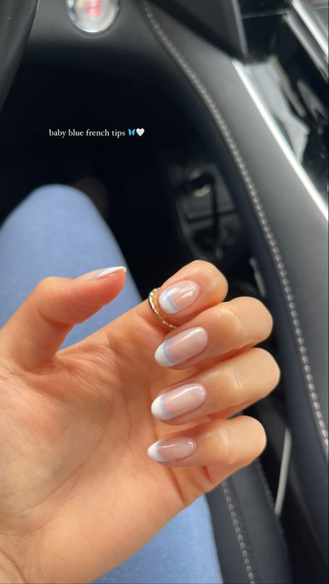 #frenchtipnails #nails #nailinspo #summernails #aesthetic #summer #bluenails Euro Nails Summer, Nails For Europe Trip Summer, White Nails With Small Design, Senior Picture Nail Ideas, New England Nails, Nails Europe Summer, White French Tip With Blue Line, Acrylic Nail Designs Summer 2024, Nantucket Nails