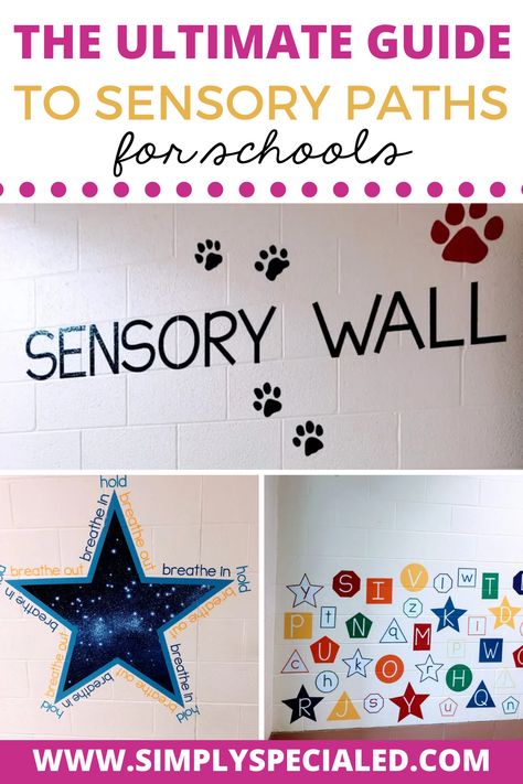 This is your complete guide to sensory paths for schools. You can easily create a sensory path in the school hallway but it’s important to get buy-in from all of your staff members. Sensory pathways in school allow all students more time to move. Inside my blog, you will learn about sensory path ideas, how to set it up, and even funding ideas too. Your elementary students and special education students will love their sensory path for kids at their school. Sensory Room School Ideas, Special Needs Sensory Ideas, Sensory Hallway Ideas, Hallway Activities For Preschool, Printable Sensory Path, Sensory Hallway School, Sensory Wall Ideas Classroom Preschool, Special School Classroom, Sensory Room Elementary School