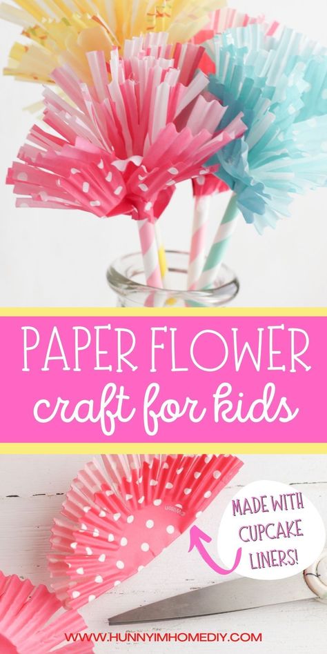 Preschool Paper Flowers, Diy Flowers Kindergarten, Flowers Made Out Of Cupcake Liners, Tissue Paper Flowers Diy Easy Kids, Spring Class Party Crafts, Cupcake Flowers Craft, Homemade Flowers For Kids, Flowers Out Of Cupcake Liners, Cupcake Liner Flowers Preschool