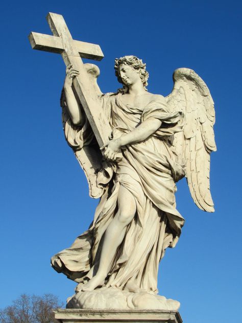 Angel with Cross by Ercole Ferrata, Ponte Sant' Angelo, Rome. | Walking Tours of Rome: www.walksinrome.com Guardian Angels Prayer, Gian Lorenzo Bernini, Lorenzo Bernini, Statue Tattoo, I Believe In Angels, Angel Statue, Angel Prayers, Angel Sculpture, Architecture Tattoo