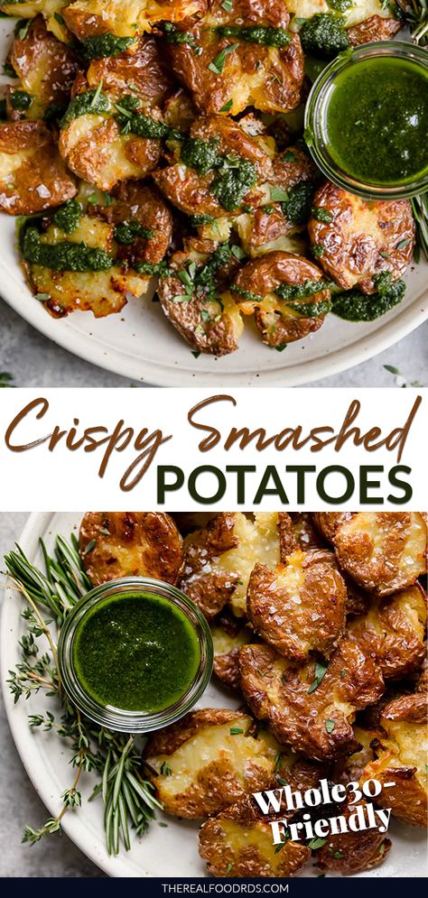 Potatoes Smashed, Paleo Side Dishes, Crispy Smashed Potatoes, Paleo Sides, Real Food Dietitians, Paleo Recipe, Vegan Side Dishes, Side Dish Recipes Easy, Vegan Sides