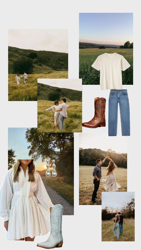 White And Denim Engagement Photos, Engagement Photos White Shirt And Jeans, Jeans And White Shirt Engagement Photos, Jean And White Shirt Engagement, Denim Outfit Photoshoot, Cowgirl Boot Engagement Photos, White Denim Outfit, Outfit Photoshoot, Couples Pics