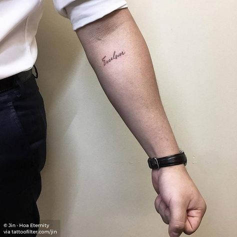 Excelsior Excelsior Tattoo, Minimalist Lettering, Script Tattoos, Inner Forearm Tattoo, Explore Tattoo, Inner Forearm, Nyc Manhattan, Tattoo Script, Temporary Tattoo Designs