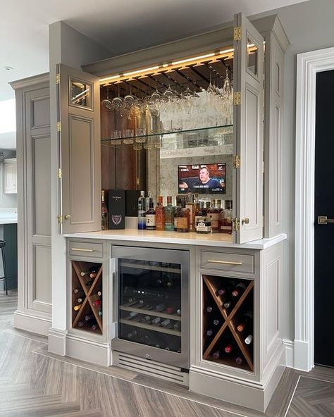 Home Bar Wine Racks, Custom Bar Built In, Built In China Cabinet With Wine Fridge, Bookcase Wine Bar, Bespoke Drinks Cabinet, Alcohol Home Bar, Home Bar In Kitchen, Bar Area With Wine Fridge, Drinks Display Cabinet