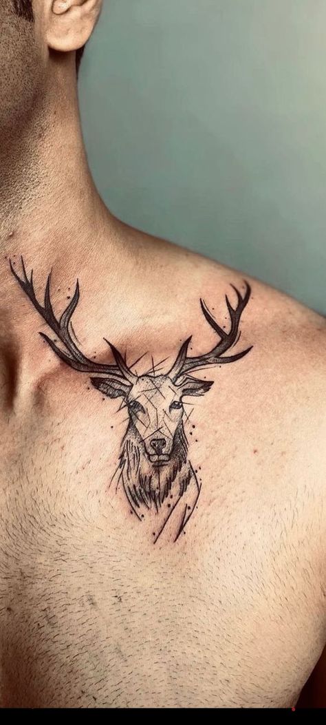 Stag Tattoo Design Men, Deer Chest Tattoo, Stag Tattoo Men, Stag Head Tattoo, Deer Head Tattoo Design, Deer Tattoo Men, Stags Head Tattoo, Reindeer Tattoo, Men’s Deer Tattoo