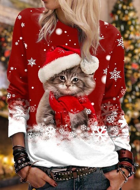 Gatto Carino, Söt Katt, Long Sleeve Tops Casual, Holiday Prints, Plus Size Kleidung, Winter 2023, Christmas Tees, Christmas Prints, Long Blouse