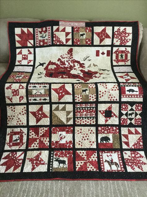 I made this Canada 150th Celebration quilt for good friends using Northcott Oh Canada collection. It's backed in warm plaid flannel. #quiltsinspiredbyeva #apqsmillenium #quilts Quilts Canada, Canadian Quilts, Oh Canada, Plaid Quilt, Quilt Of Valor, Sampler Quilts, Personalized Quilt, Panel Quilts, Christmas Quilts