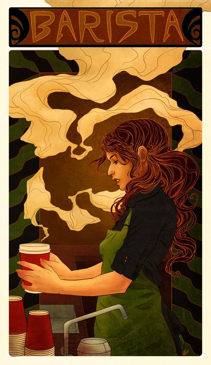 Barista art nouveau ~ I need my own personal barista ~ Barista Art, Cafe Art, Coffee Poster, A Cup Of Coffee, Latte Art, Coffee Cafe, Coffee Love, Coffee Art, Cup Of Coffee