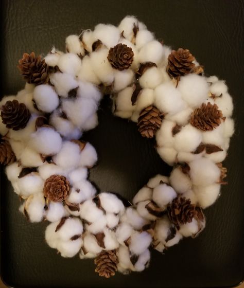 Cotton stems and pinecones on a grapevine wreath. Cotton Stems, Wreath Ideas, Winter Wreath, Grapevine Wreath, Pine Cones, Grape Vines, Holiday Crafts, Christmas Wreaths, Wreath