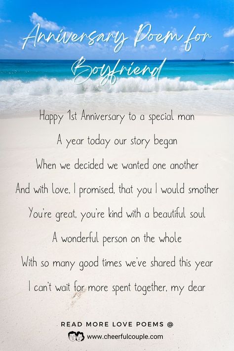 Romantic White Beach PIcture with Cute and Sweet 1st Year Anniversary Poem for Him One Year Anniversary For Boyfriend, One Year Anniversary Poems For Him, Anniversary Poem For Husband, One Year Dating Anniversary Quotes, 1st Love Anniversary Quotes For Him, 1st Anniversary Wishes For Boyfriend, One Year Anniversary Quotes Boyfriend, 1 Year Anniversary Quotes For Boyfriend, 1 Year Anniversary Paragraphs For Him