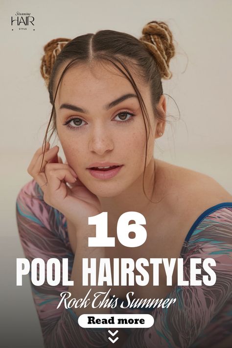 Woman with styled hair looking at the camera, text reads "16 Pool Hairstyles Rock This Summer". Colorful Scrunchie, Messy Top Knots, Trendy Braids, Summer Goddess, Loose Buns, Low Chignon, Hair To One Side, Twist Bun, High Fashion Looks