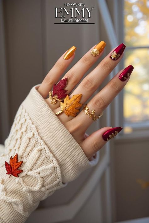 Fall Nails With Leaf Design, November Nail Designs, Riverside Cottage, November Nails, Fall Manicure, Leaf Designs, Deep Burgundy, Autumn Nails, Fall Nail