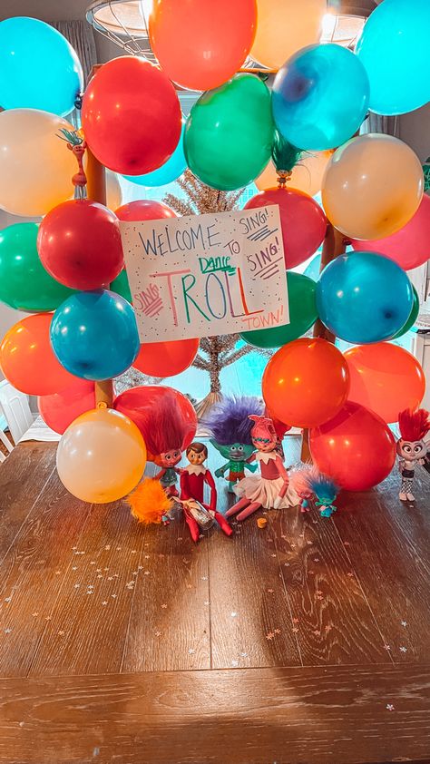 Troll town! Complete with glitter, and so much color! And a visit from the trolls! Elf On The Shelf Trolls, Christmas Trolls, Awesome Elf On The Shelf Ideas, Shelf Ideas, On The Shelf, Christmas Elf, Elf On The Shelf, Elf, Glitter