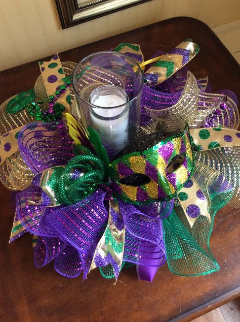 Mardi Gras Candle Holder/Mardi Gras Centerpiece/Mardi Gras Party Decor/Mardi Gras/Mardi Gras Decor/New Orleans/Fat Tuesday/NOLA by ReneeJayDesigns on Etsy Mardi Gras Gala, Mardi Gras Wreaths, Mardi Gras Diy, Mardi Gras Party Decorations, Mardi Gras Wedding, Mardi Gras Centerpieces, Mardi Gras Ideas, Mardi Gras Ball, Mardi Gras Theme