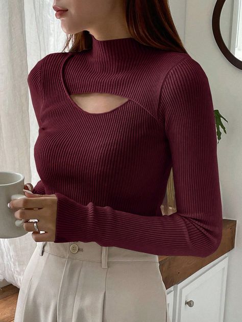 DAZY Solid Color Hollow Out Half Turtle Neck SweaterI discovered amazing products on SHEIN.com, come check them out! Mode Crochet, Coachella Dress, Solid Sweaters, Women Sweaters, Holiday Party Dresses, Burgundy Sweater, Ribbed Knit Sweater, Knitting Women Sweater, Knit Tees