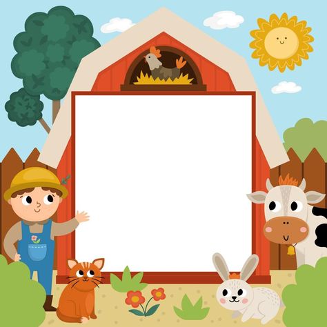 Farm party greeting card template with cute farmer, rural landscape and animals. Countryside poster or invitation for kids. Bright country holiday illustration with cow, rooster, hen Farm Animals Invitations, Animal Pictures For Kids, Farm Cartoon, Cow Birthday Parties, Animal Theme Birthday, Barnyard Birthday Party, Farm Birthday Invitation, Farm Animal Crafts, Farm Theme Birthday