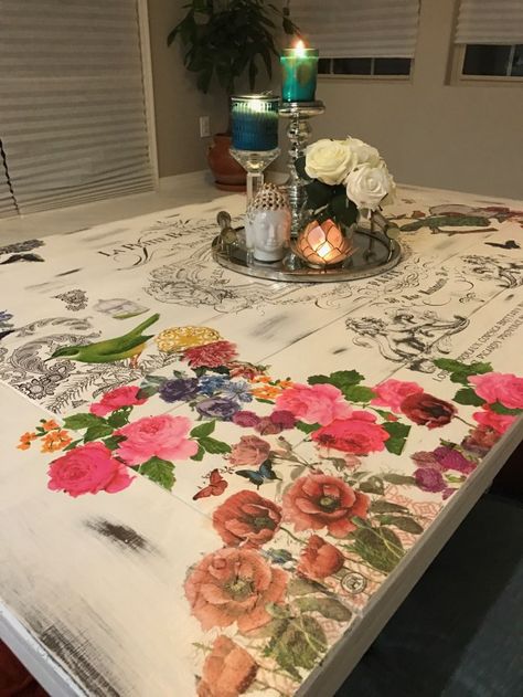 French glam dining, Japanese style dining, floor dining, decoupage, napkin decoupage, DIY Decoupage Dining Table, French Glam, Floor Dining, Glam Dining, Bohemian Chic Decor, Rustic Industrial Decor, Napkin Decoupage, Homemade Home Decor, Decoupage Diy