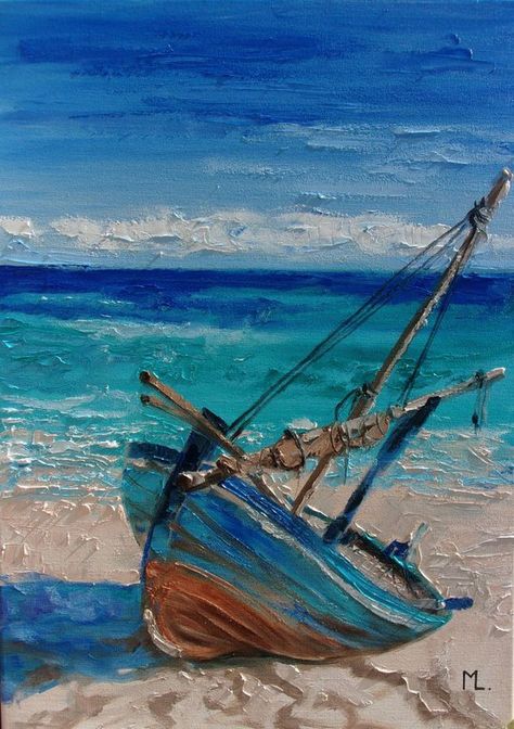 Boat Painting Acrylic, Monika Luniak, Seaside Paintings, Sailboat Painting, Soyut Sanat Tabloları, Boat Art, Boat Painting, Beginner Painting, Beach Painting