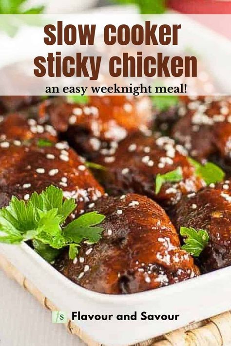 This tasty slow cooker sticky chicken is the easiest meal you'll make all week! This recipe makes juicy chicken thighs simmered in an Asian-inspired sweet and salty sauce in your crock-pot.#easy #weeknight #withrice #Asian #sticky #thighs Sticky Chicken Crockpot, Asian Crockpot Chicken, Crock Pot Asian, Easy Slow Cooker Meal, Sticky Chicken Thighs, Slow Cooker Asian Chicken, Sticky Chicken Recipe, Crockpot Chicken Thighs, Slow Cooker Chicken Thighs