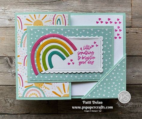 DIY handmade Fun Fold Corner Latch Card featuring the Rainbow Of Happiness Bundle from Stampin' Up! I used the Rainbow & Sunshine Designer Series Paper and you can watch the replay of my YouTube Live on my Blog to see how to make it. Stampin Up Rainbow Of Happiness, Waterfall Card, Card Making Video Tutorials, Rainbow Cards, Fun Folds, Rainbow Paper, Rainbow Card, Fold Cards, Fancy Fold Cards