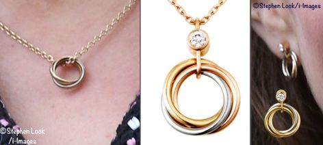 Below left we show the Cartier Trinity Necklace; the product photo is slightly different from what Kate wears, her necklace does not have the center diamond. The earrings appear to be the same, the Trinity de Cartier Earrings ($2040). Both designs feature 18K white, pink, and yellow gold. Cartier Trinity Necklace, Kate Middleton Jewelry, Paris March, Trinity Necklace, Royal Hats, Cartier Earrings, Catherine Walker, Catherine Elizabeth Middleton, Middleton Style