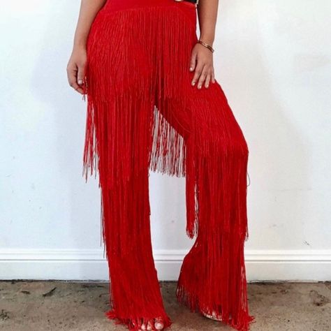 Pants Only! Bold Red Fringe Pants. These Pants Are So Beautifully Made. High Quality Fringe Fabric. Zipper Clasp Closure. Fringe Pants Outfit, Fringe Jumpsuit, Mermaid Pants, Lil Mermaid, Fringe Pants, Fringe Fabric, Red Fringe, Beautifully Made, Bell Bottom Pants