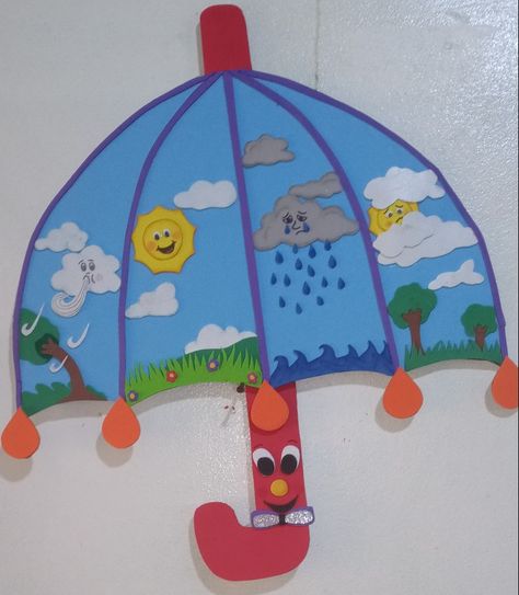 Weather Art And Craft Preschool, Weather Mobile Craft, Weather Chart For Kids Classroom, Weather Chart Ideas, Blue Day Crafts Preschool, Blue Day Activities Preschool, Blue Day Decoration In Preschool, Weather Chart Preschool, Kertas Kerja Prasekolah