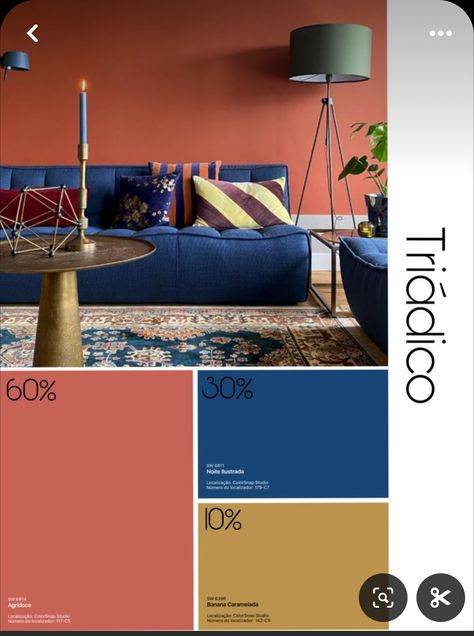 Triadic Color Scheme Interior Design, Orange Blue Interior Design, Triadic Color Scheme Interior, Triadic Color Scheme, Color Combinations Home, Wall Color Combination, Colour Architecture, Blue Couches, House Color Palettes