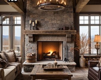 Fireplace Live Edge Mantel, Reclaimed Wood Living Room, Fireplace Ideas Short Ceiling, Reclaimed Wood Beams Vaulted Ceiling, Rustic Mantles Wood, Rock Fireplaces With Wood Mantle, Rustic Fireplace Mantle Decor, Southern Rustic Home Decor, Hearth With Wood Storage