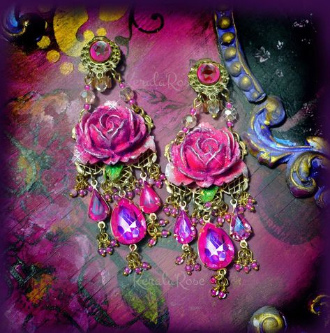 Neon Jewelry Aesthetic, Pink Accessories Aesthetic, Mystical Accessories, Rose Chandelier, Pink Chandelier Earrings, Fairytale Earrings, Ornate Jewelry, Hot Pink Roses, Painted Resin