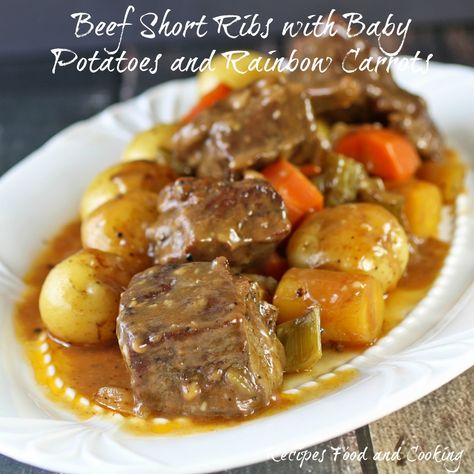 Boneless beef short ribs with rainbow carrots and baby potatoes. Short Ribs And Potatoes, Boneless Beef Ribs, Short Rib Stew, Boneless Beef Short Ribs, Boneless Ribs, Beef Short Rib Recipes, Short Ribs Recipe, Carrots And Potatoes, Beef Short Ribs