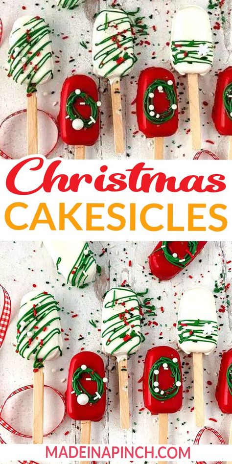 Christmas cakesicles are festive holiday cake popsicles (a.k.a., jumbo cake pops!) dipped in chocolate and decorated. This fun and delicious Christmas cake idea can be made ahead of time and is perfect for parties and handmade gifts. A cakesicle is a cake pop in the shape of a popsicle. Previously I made Ice Cream Cakesicles, which are fun and perfect for birthday parties or summer parties. | @made_in_a_pinch Holiday Cakesicles, Christmas Cakesicles Ideas, Christmas Cakecicles, Christmas Cake Popsicles, Cakesicles Recipes, Christmas Cake Pops Ideas, Popsicle Cake Pops, Christmas Cakesicles, Cakesicles Ideas