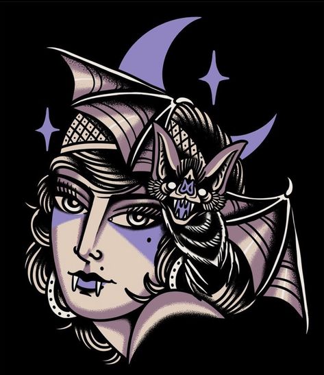 Nadja Tattoo, Traditional Witchy Tattoos, Old School Vampire Tattoo, Old School Bat Tattoo, Paranormal Tattoo, Witch Tattoo Traditional, The Craft Tattoo, Trad Vampire Tattoo, Vampire Tattoo Traditional