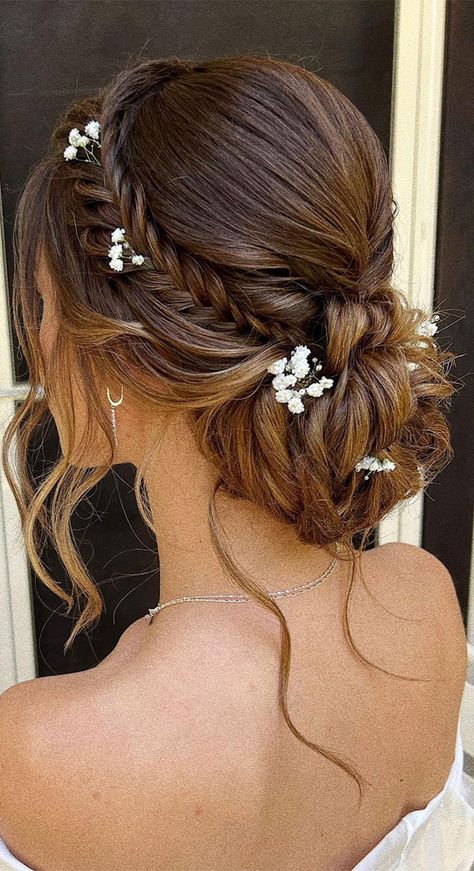 boho romantic updo, braided updo, braided low bun, wedding updos, wedding hairstyle, messy updo hairstyle for elegant look, messy updos, hairstyle ideas , updo, wedding updo hairstyle , 90s updos, textured updo, upstyle Loose Updo With Braid Wedding, Bride Hairstyles Messy Bun, Double Braid Into Bun, Bridesmaid Hair Styles Up Do, Hair For Wedding Bridesmaid Up Dos, Upstyle Bridal Hair, Hairstyles For Prom Long Hair Updo, Homecoming Hair With Flowers, Romantic Hair Updo Wedding